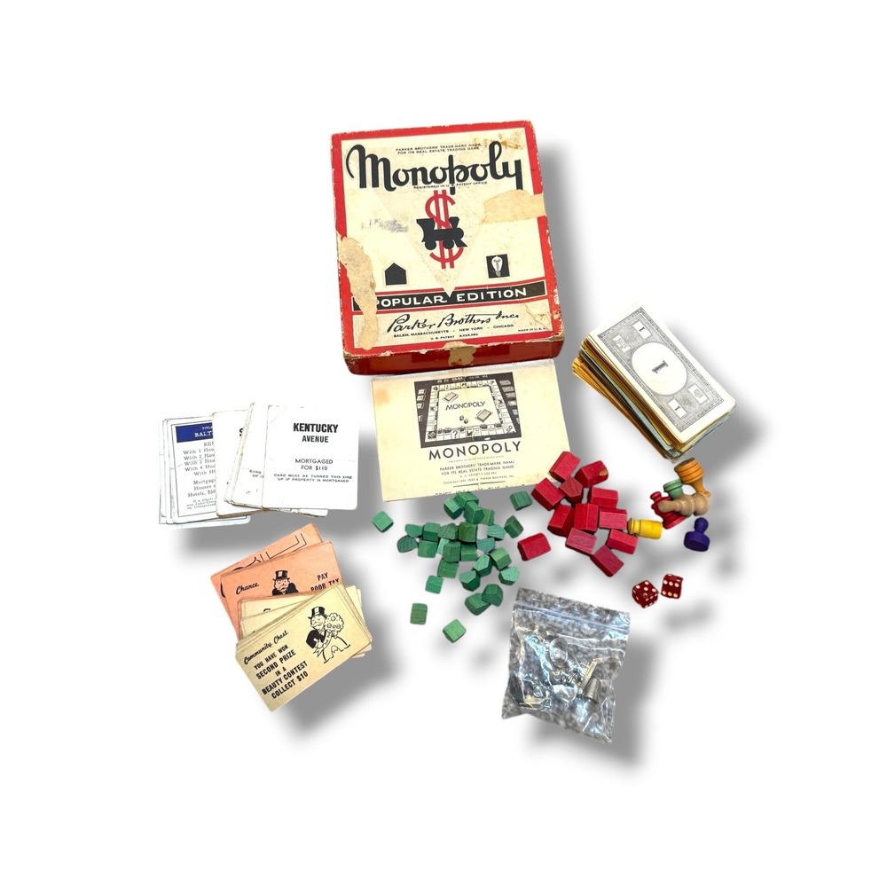Vintage Parker Brothers Monopoly Popular Edition Green Box Game Parts No Board